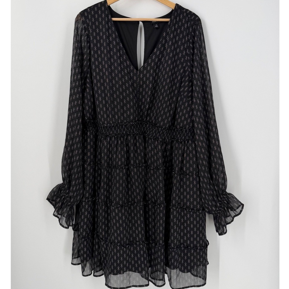 Torrid Black Geometric Floral Chiffon Smocked Tiered Mini Dress Womens Size 2